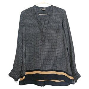 Vince 100% Silk Women's Blouse SZ Small Navy/Beige Hem Long sleeve Top Career